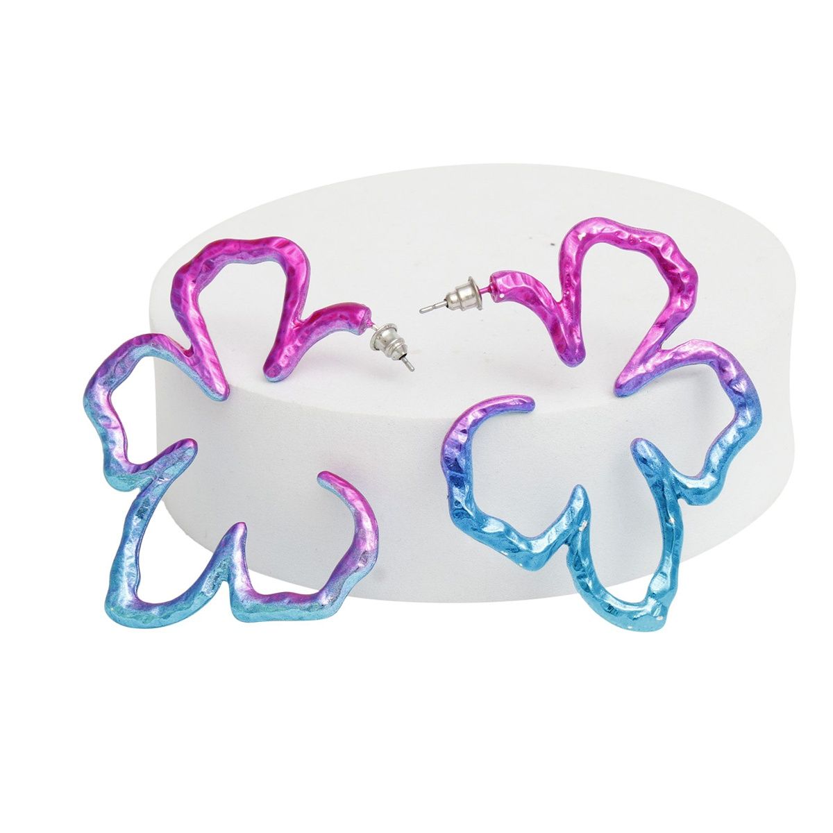 Floral Hoop Earrings Metallic Pink & Blue Open Design Statement Earrings, Lead and Cadmium Compliant Pinktown