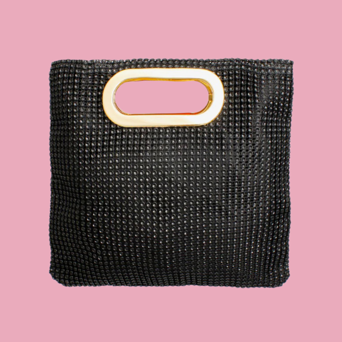 Women's Black Rhinestone Mesh Clutch Handbag | Gold Handle and Square Design Pinktown