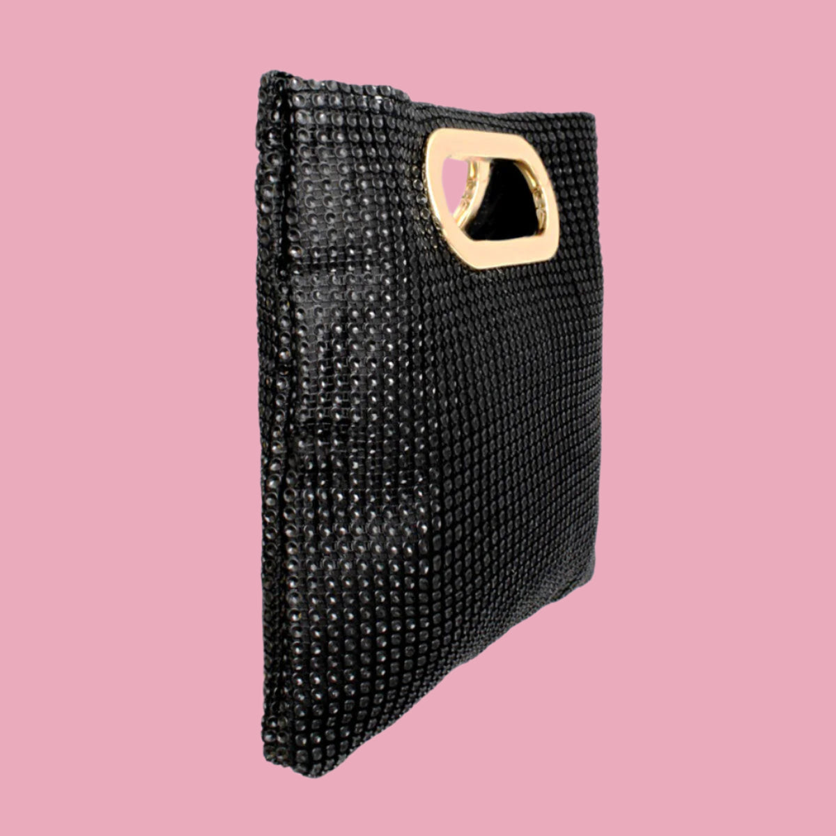 Women's Black Rhinestone Mesh Clutch Handbag | Gold Handle and Square Design Pinktown