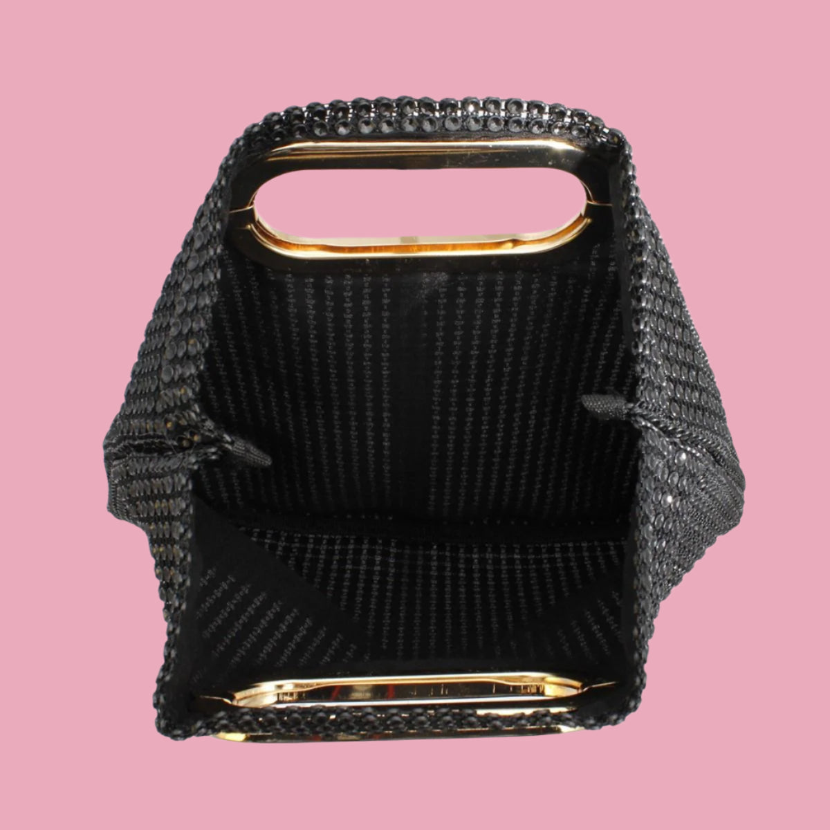 Women's Black Rhinestone Mesh Clutch Handbag | Gold Handle and Square Design Pinktown