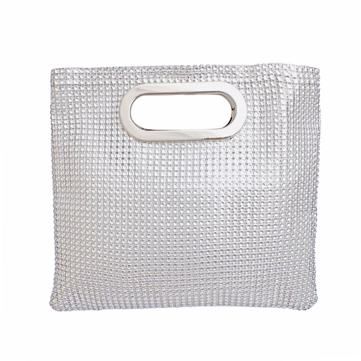 Women's Silver Rhinestone Mesh Clutch Handbag | Silver Handle and Square Design Pinktown