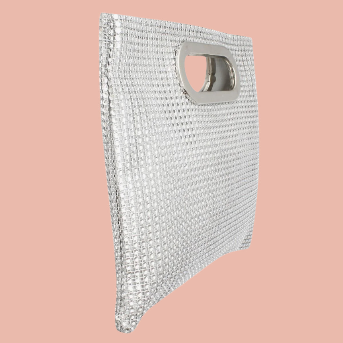 Women's Silver Rhinestone Mesh Clutch Handbag | Silver Handle and Square Design Pinktown