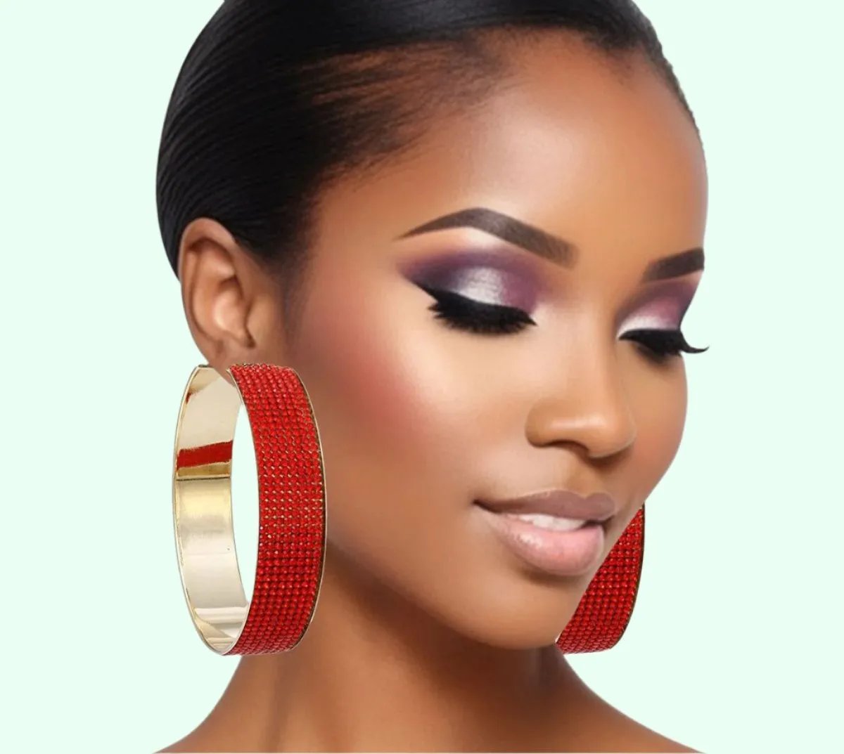 Red Rhinestone Wide Hoop Earrings Gold Tone