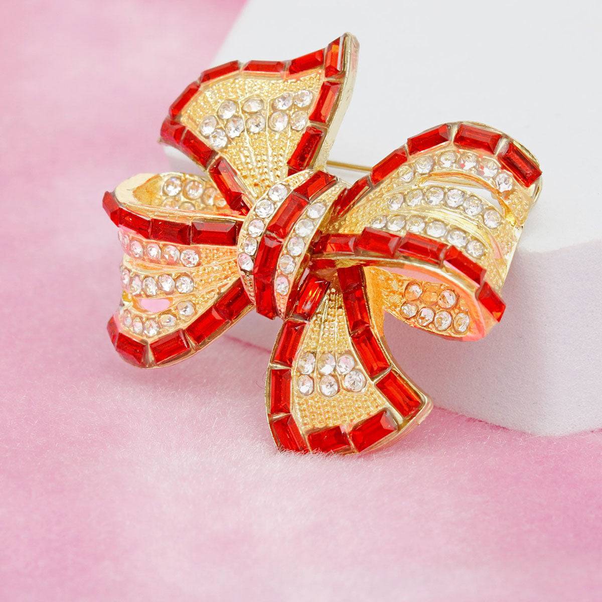 Gold Ribbon Bow Brooch Statement Red Crystal Accents Holiday Jewelry