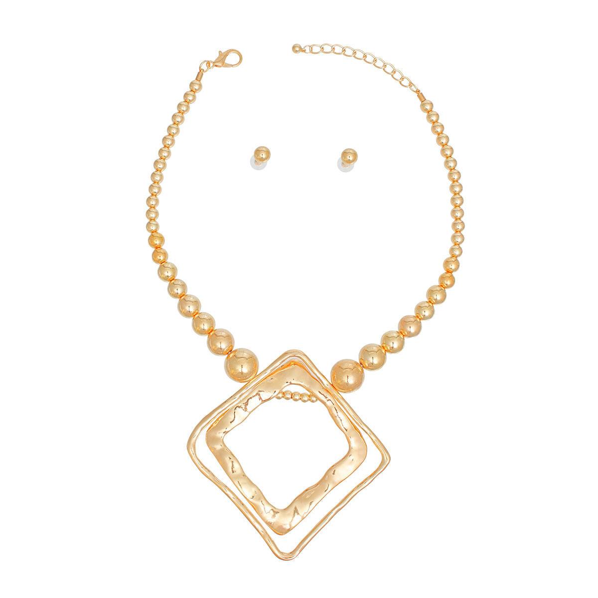 Open Diamond Double Cut Out Pendant Gold Necklace Set - Dazzling Elegance