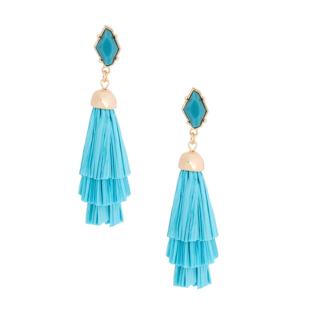 Teal-blue Raffia Tassel Drop Earrings Stacked Statement | Fashion Jewelry