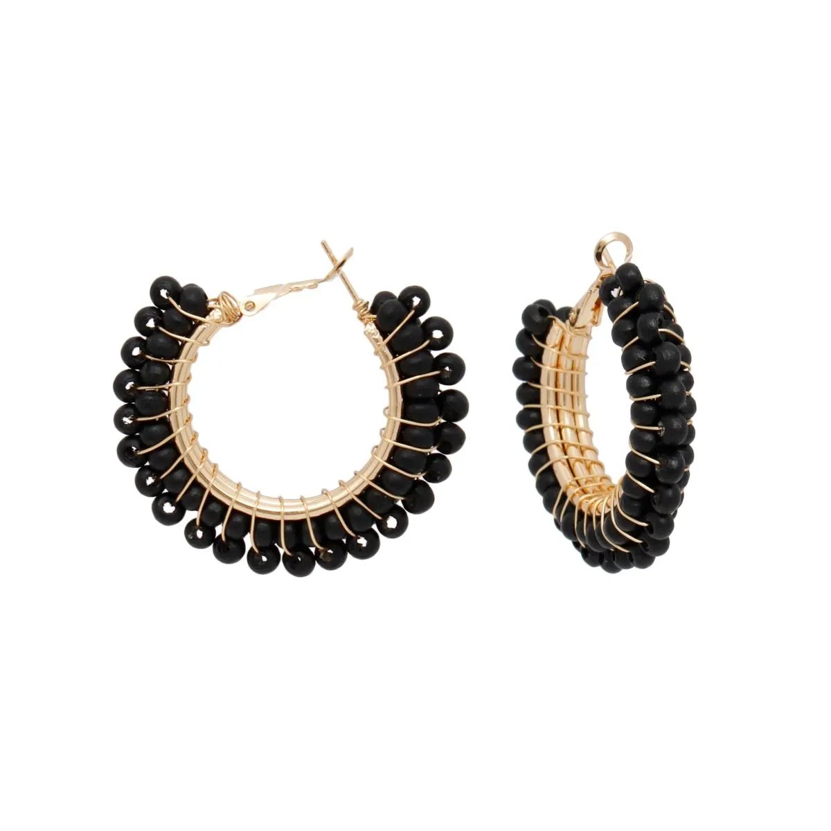 Black Beaded Hoop Earrings - Gold-Tone Statement Earrings with Vibrant Acrylic Beads