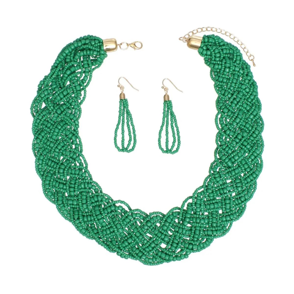 Green Acrylic Seed Bead Necklace Set | Wide Collar Fashion Statement