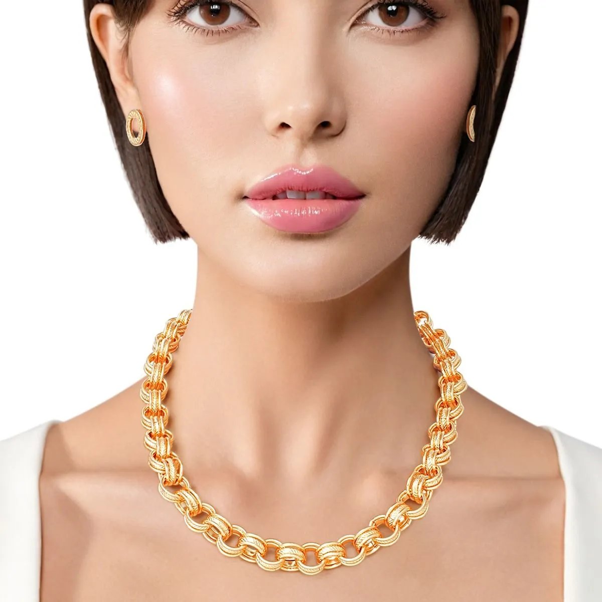 Premium Chunky Gold Triple Ring Chain Necklace & Earring Set - Bold Statement Fashion Jewelry for Women