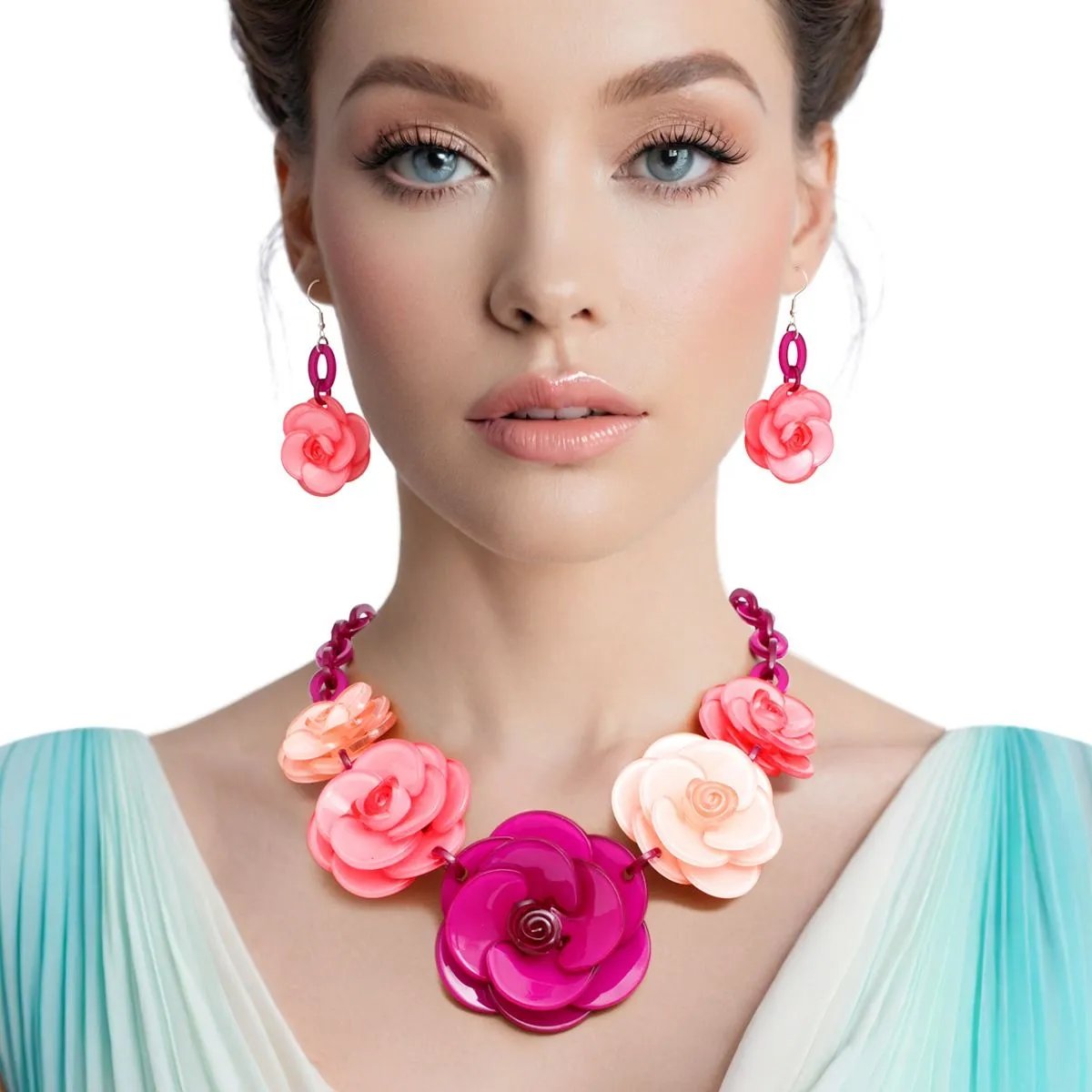Bold Whimsy Purple-Fuchsia Rose Statement Collar Necklace Set with Matching Dimensional Flower Earrings