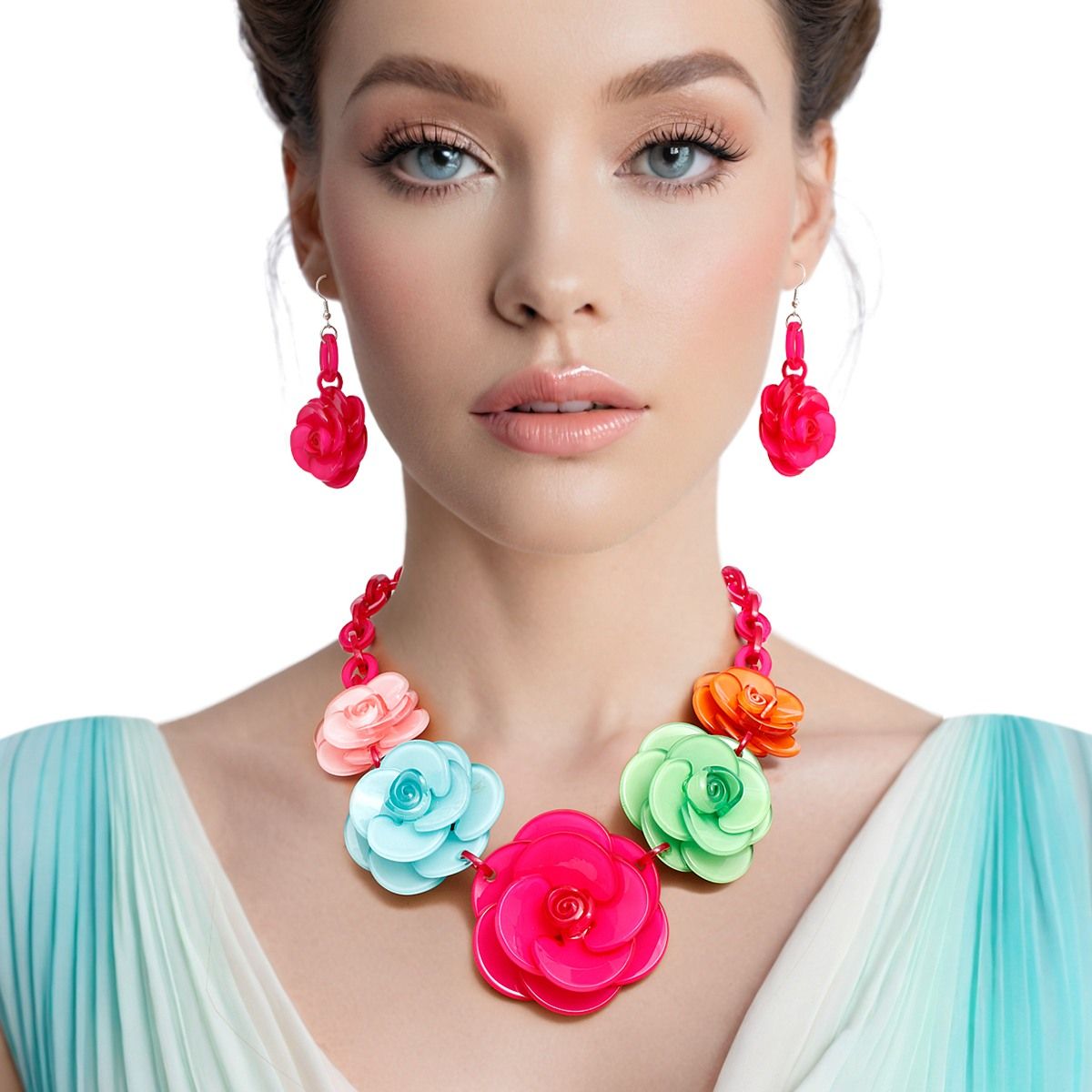 Bold Whimsy Pink Multicolor Rose Statement Collar Necklace Set with Matching Dimensional Flower Earrings Pinktown