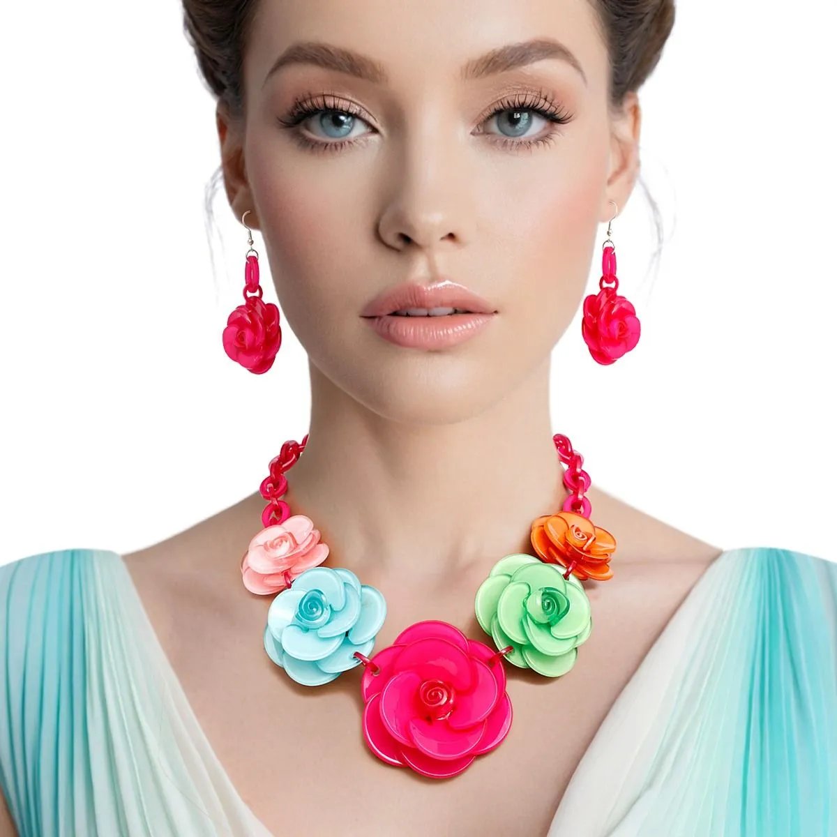 Bold Whimsy Pink Multicolor Rose Statement Collar Necklace Set with Matching Dimensional Flower Earrings