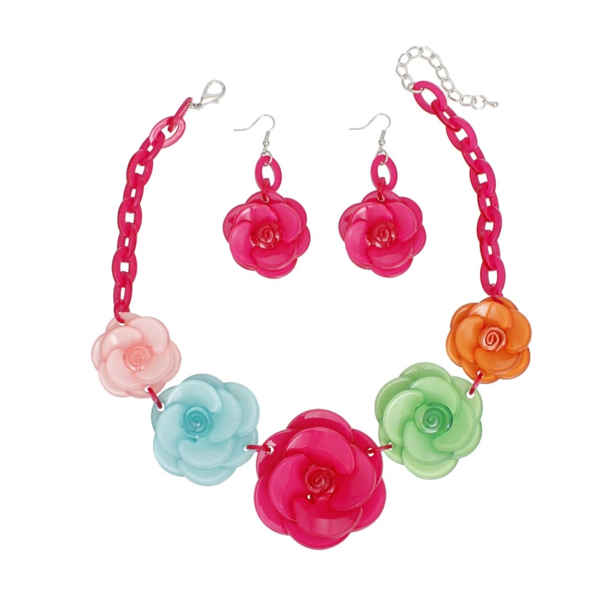 Bold Whimsy Pink Multicolor Rose Statement Collar Necklace Set with Matching Dimensional Flower Earrings Pinktown