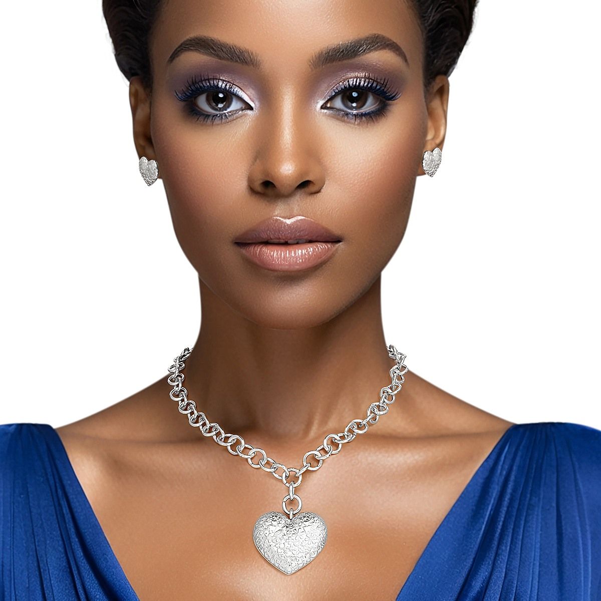 Silver Tone Chunky Link Chain Necklace with Puffy Heart Pendant and Matching Earrings Pinktown