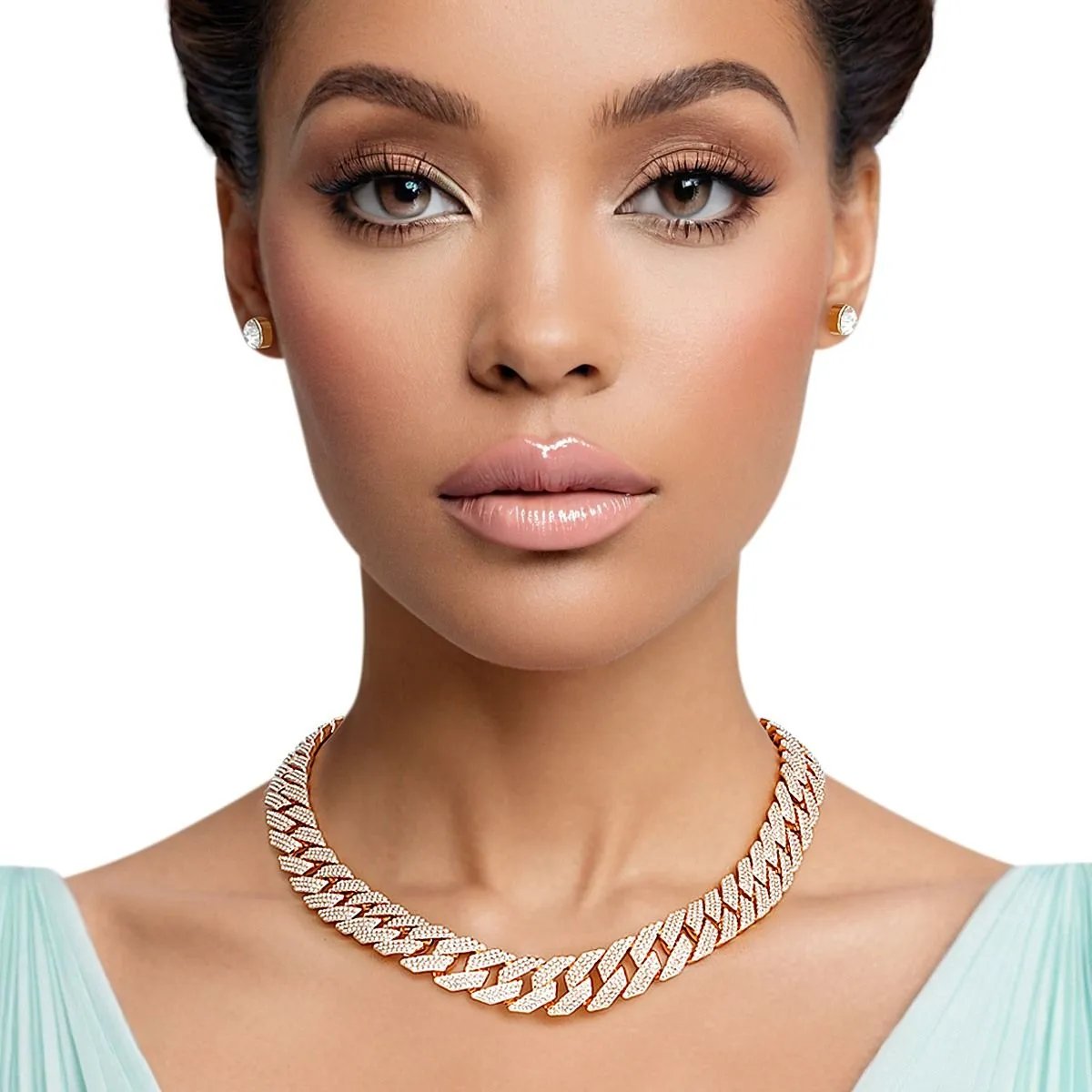 Gold-Tone Cuban Link Necklace Set with Rhinestone Detailing & Earrings for Women