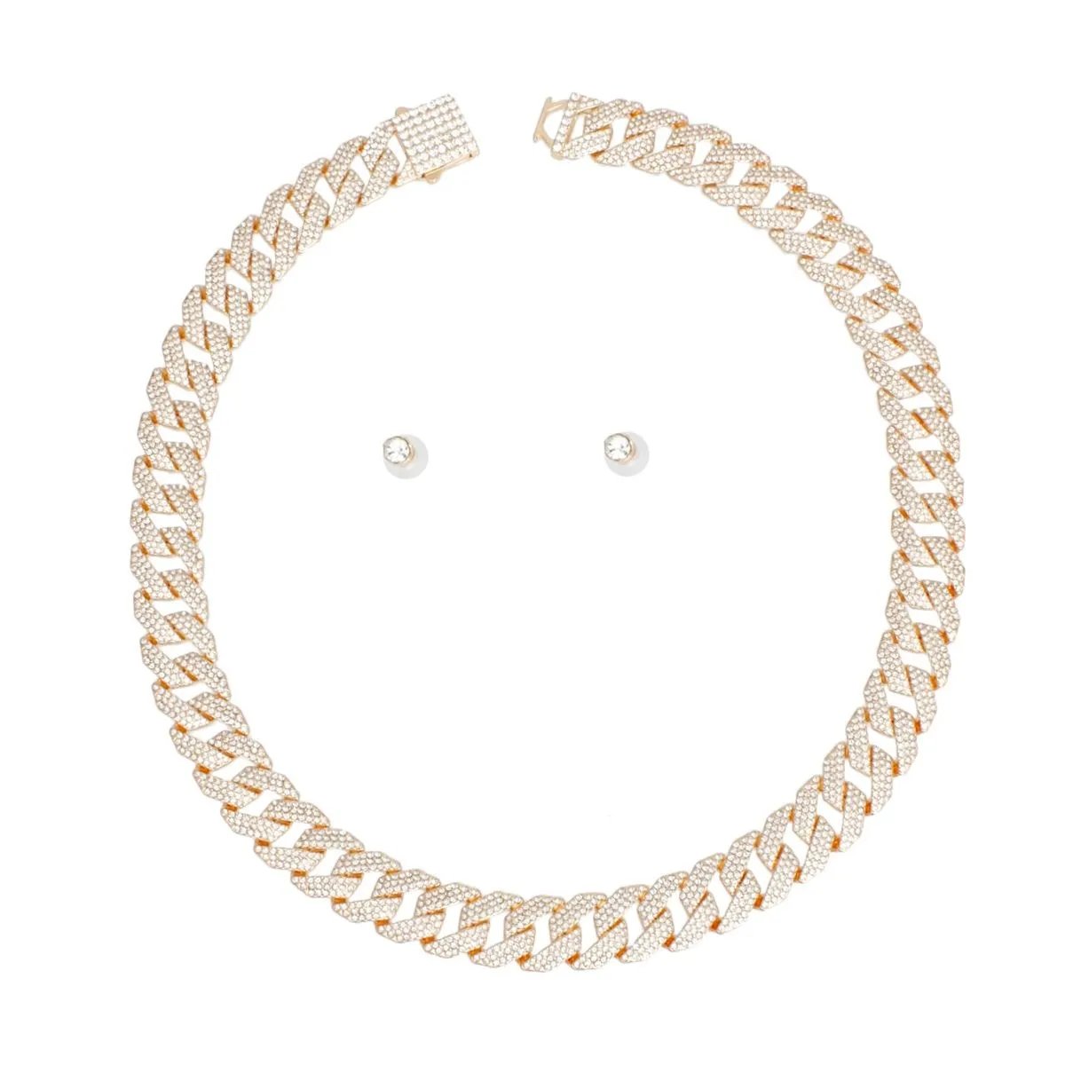 Gold-Tone Cuban Link Necklace Set with Rhinestone Detailing & Earrings for Women