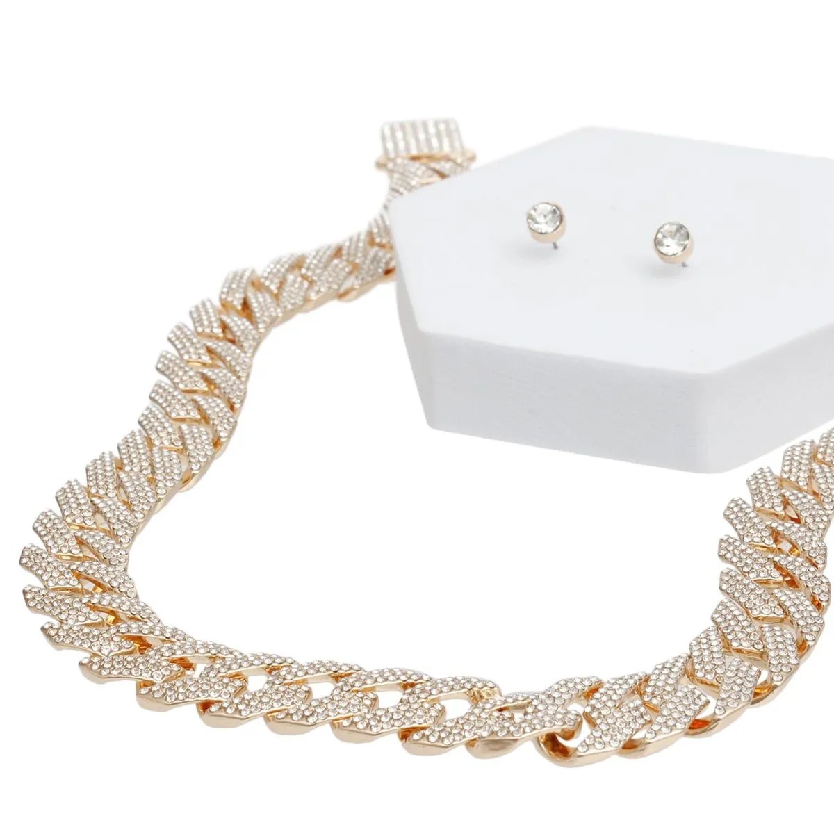 Gold-Tone Cuban Link Necklace Set with Rhinestone Detailing & Earrings for Women