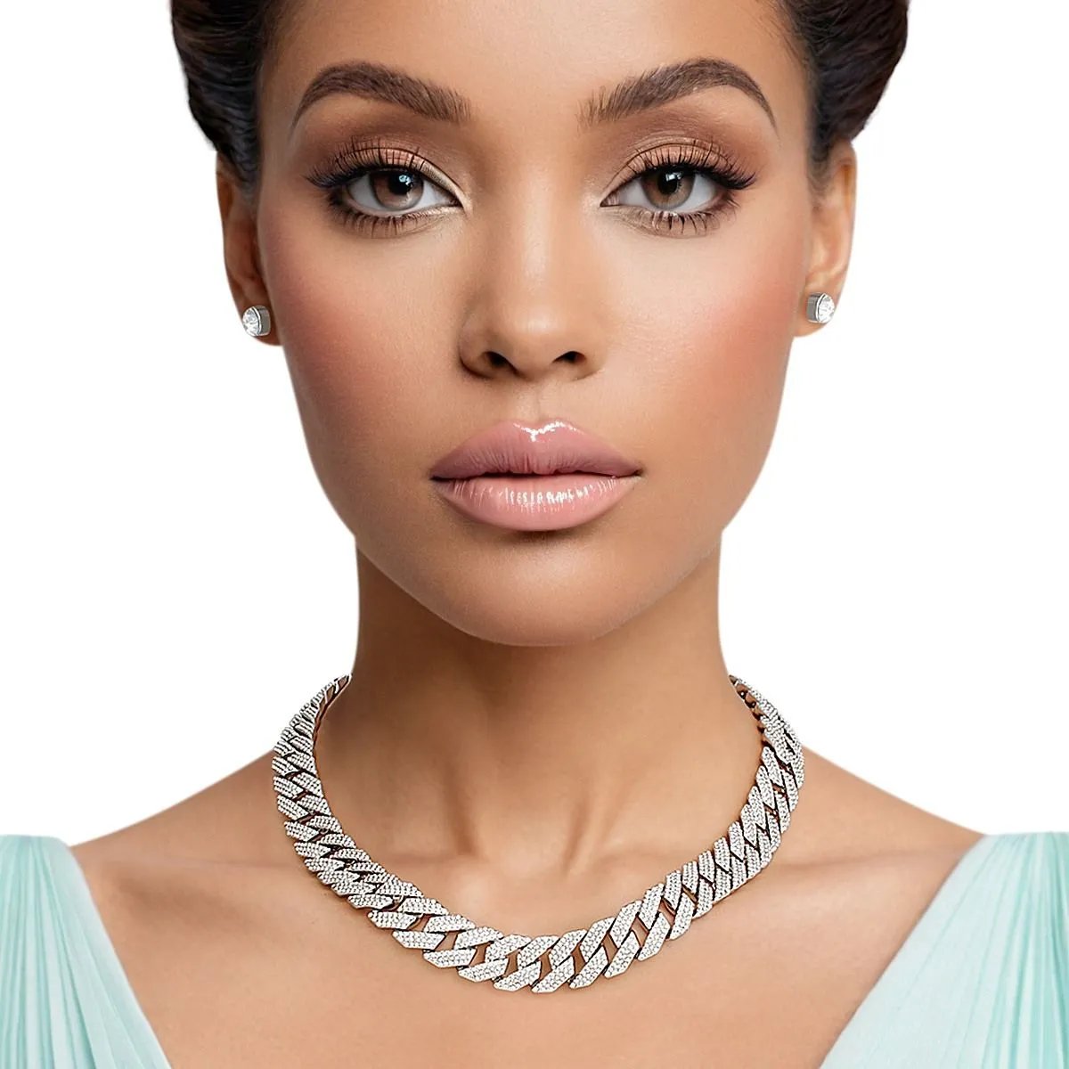 Silver-Tone Cuban Link Necklace Set with Rhinestone Detailing & Earrings for Women