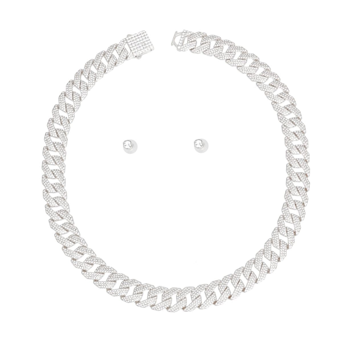 Silver-Tone Cuban Link Necklace Set with Rhinestone Detailing & Earrings for Women Pinktown