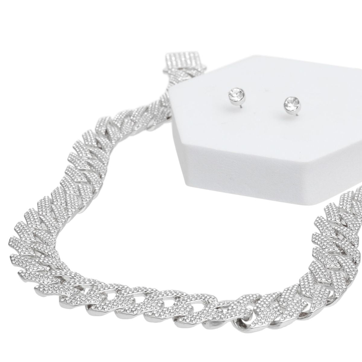 Silver-Tone Cuban Link Necklace Set with Rhinestone Detailing & Earrings for Women Pinktown