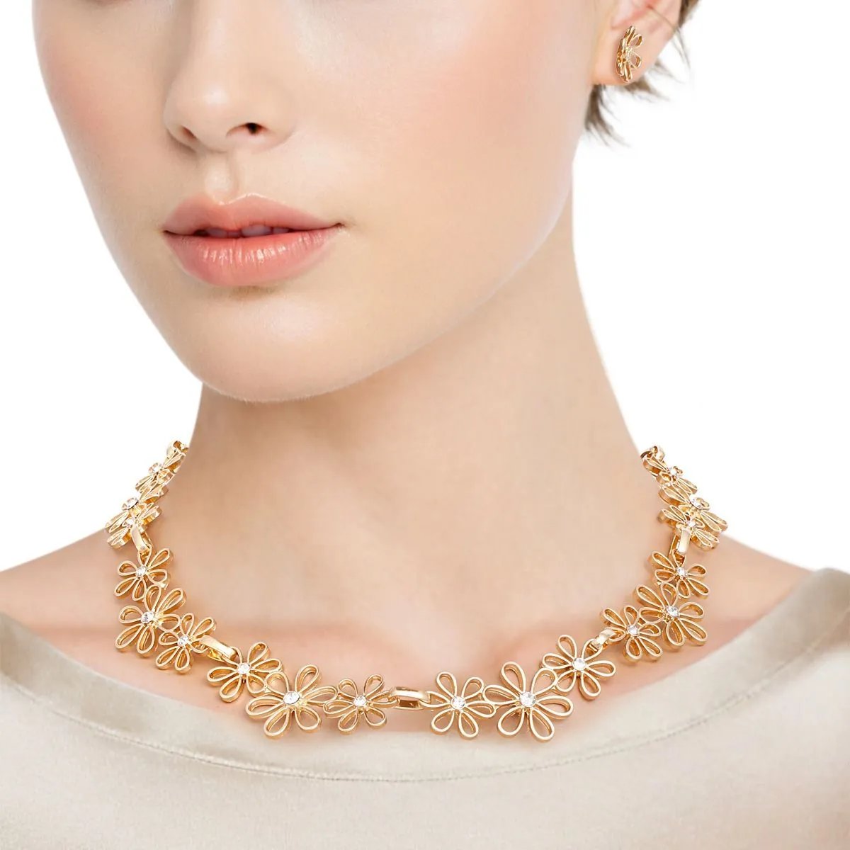 Gold Tone Daisy Flower Chain Necklace Set with Rhinestones