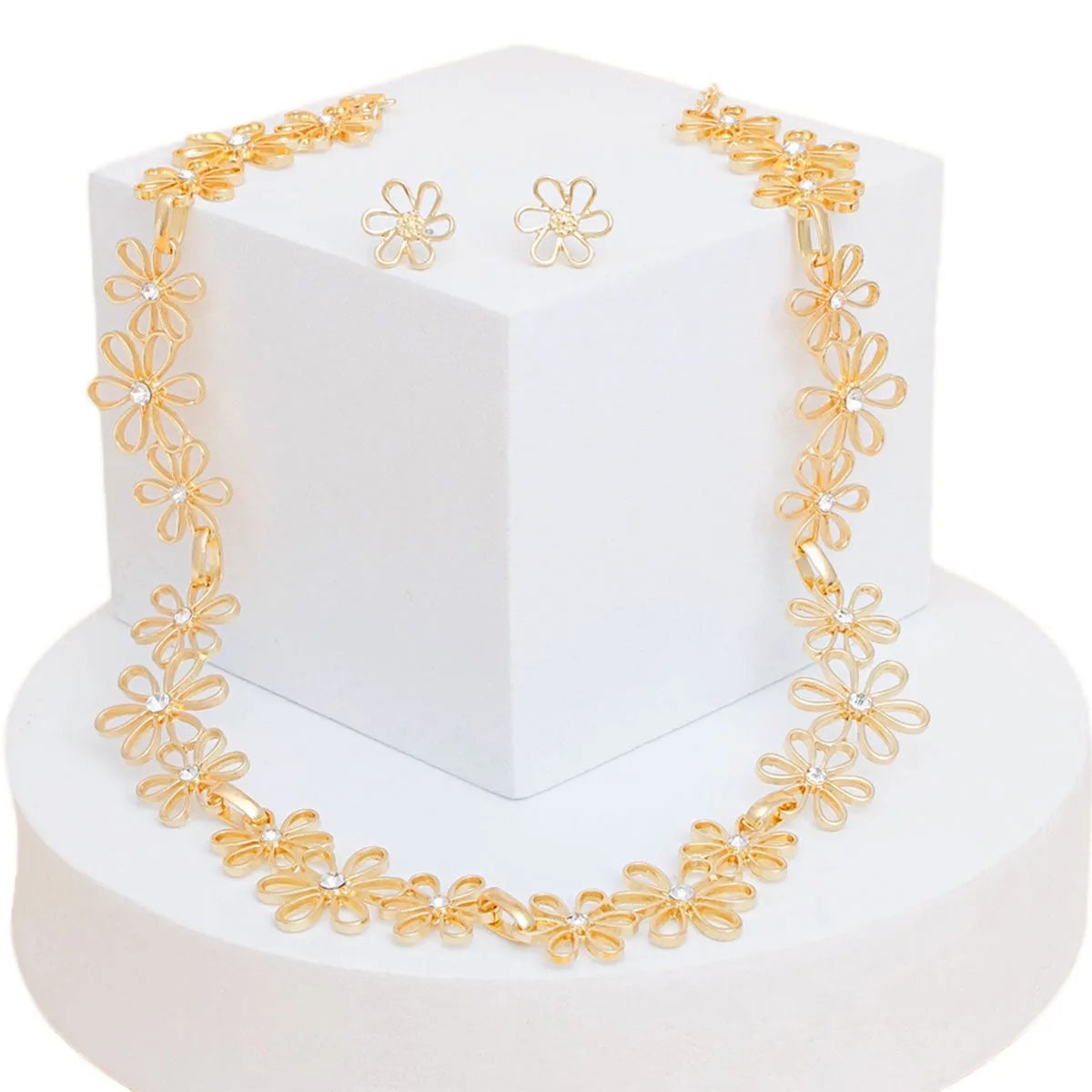 Gold Tone Daisy Flower Chain Necklace Set with Rhinestones