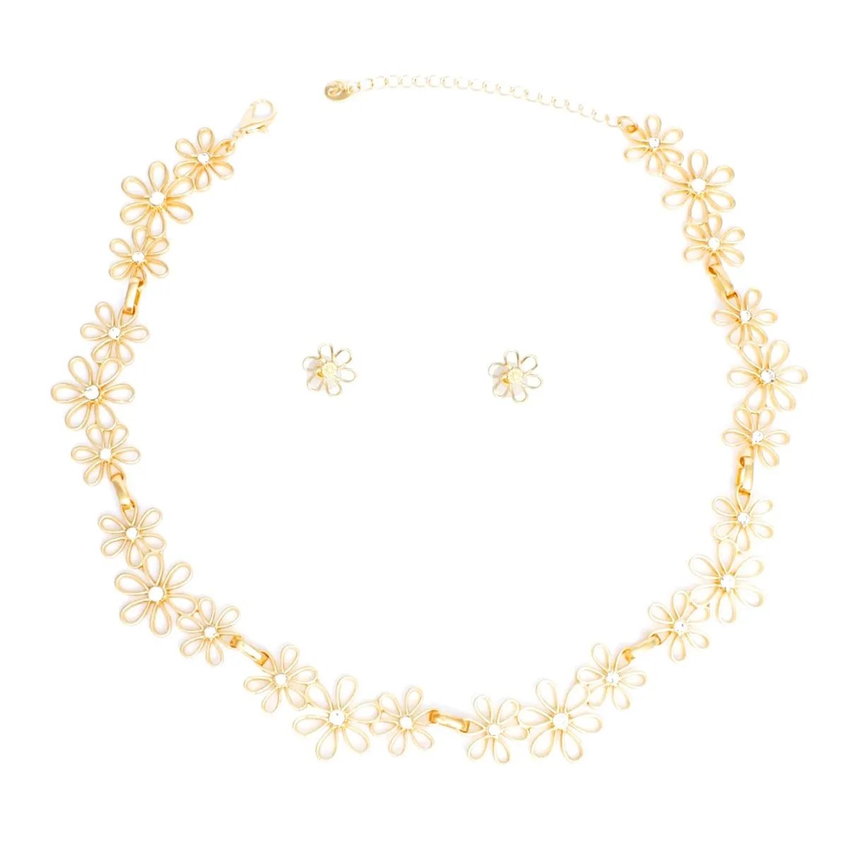 Gold Tone Daisy Flower Chain Necklace Set with Rhinestones