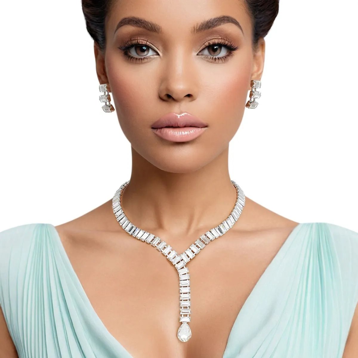 Crystal Elegance Y-Necklace & Earring Set - Silver-Tone Baguette Crystal Fashion Jewelry