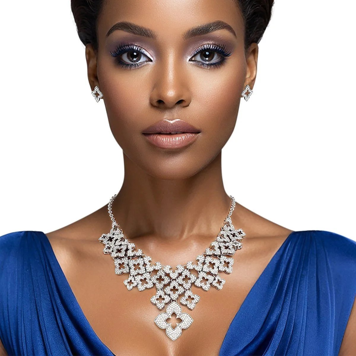 Silver Tone Monogram Flower Bib Necklace Set with Clear Rhinestones