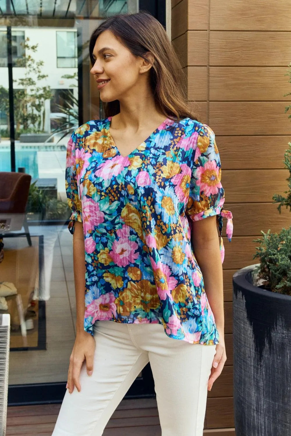 Petal Dew, Floral V-Neck Tie Detail Blouse