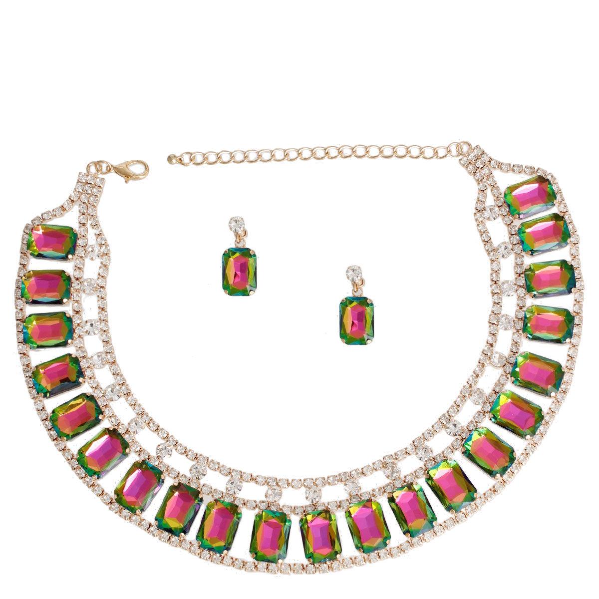 Pink and Green Collar Necklace, Earrings Set: A Stylish Duo