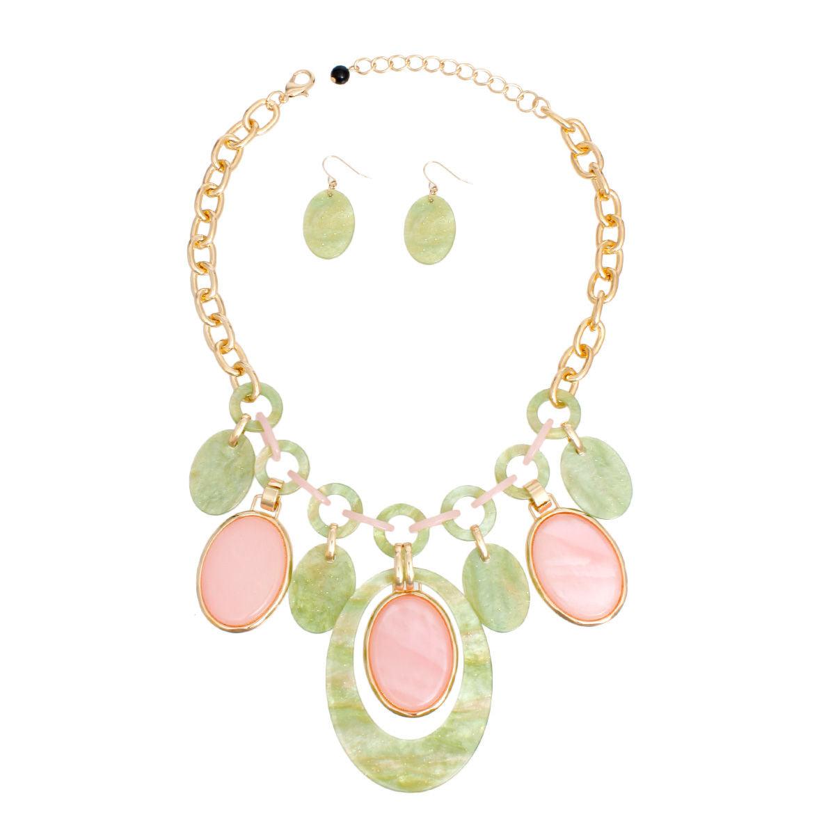 Pink Green Oval Charms Necklace Set - Artisanal Fashion Jewelry