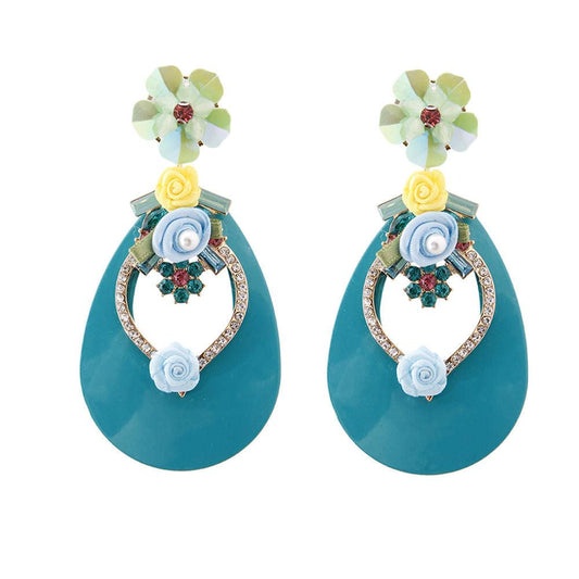 Rhinestone & Flower Stud Blue Drop Earrings - Sparkle & Elegance Harmonized