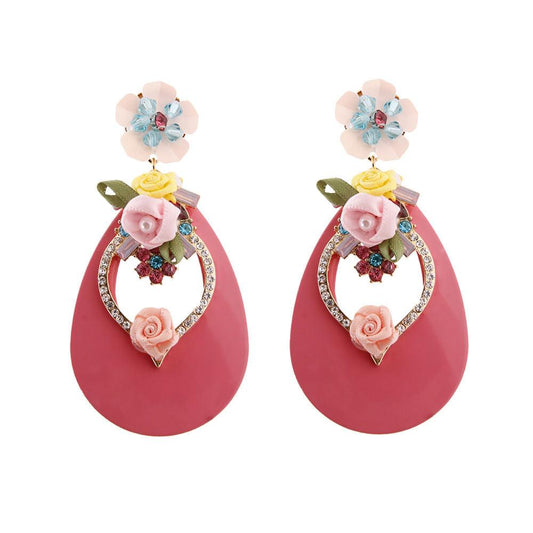 Rhinestone & Flower Stud Pink Drop Earrings - Sparkle & Elegance Harmonized