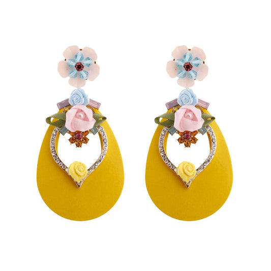 Rhinestone & Flower Stud Yellow Drop Earrings - Sparkle & Elegance Harmonized