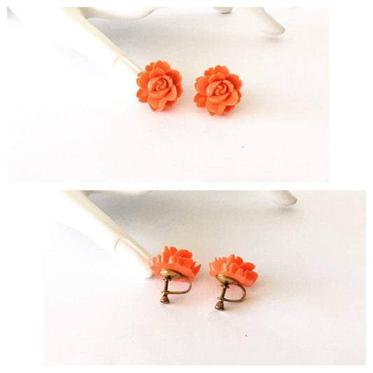 Rose shaped coral color vintage celluloid earrings
