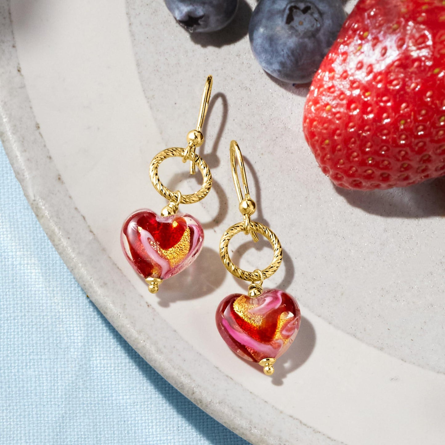 Ross-Simons Italian Red and Pink Murano Glass Heart Drop Earrings in 18kt Gold Over Sterling