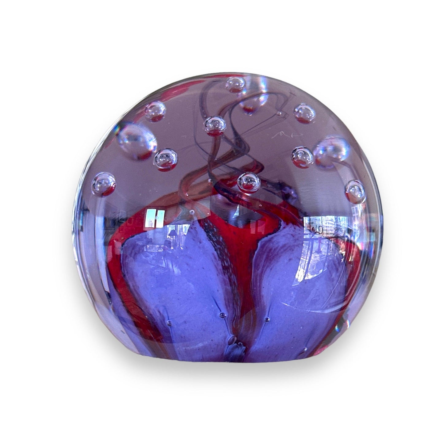 Scottish Glass: Vintage Caithness Paperweight DIABOLO Purple & Red Swirls with Controlled Air Bubbles