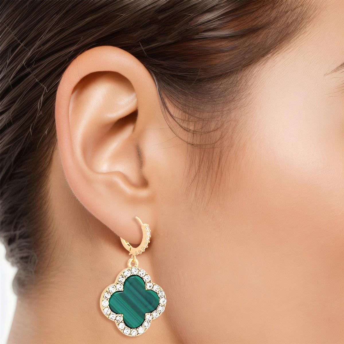 Steal the Show with Dangle Drop Green Clover Earrings Gold