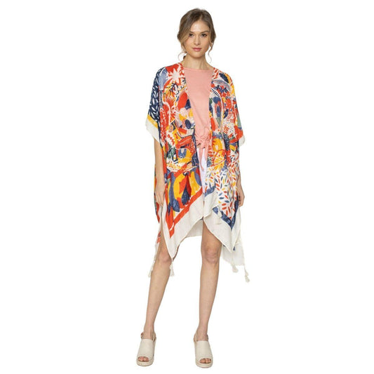 Upgrade Your Style with Our Vibrant Multicolor Bold Print Kimono Coverup Top