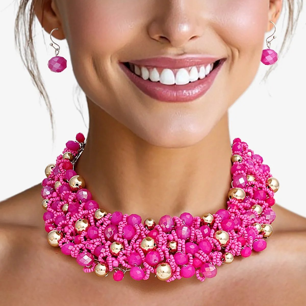 Artistic Fuchsia & Gold Acrylic Glass Bead Bib Choker Necklace Set – Silver Finish, Matching Earrings