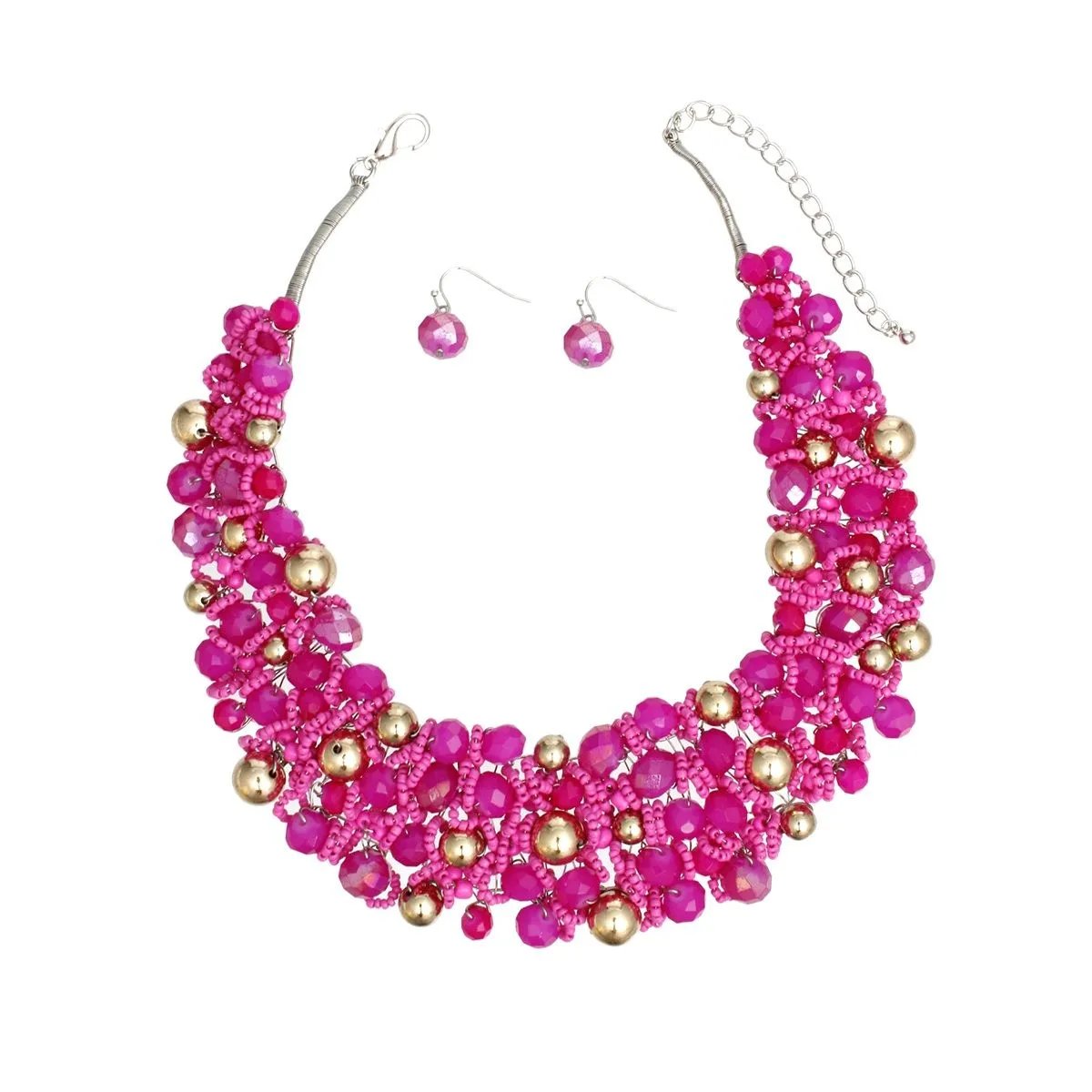 Artistic Fuchsia & Gold Acrylic Glass Bead Bib Choker Necklace Set – Silver Finish, Matching Earrings