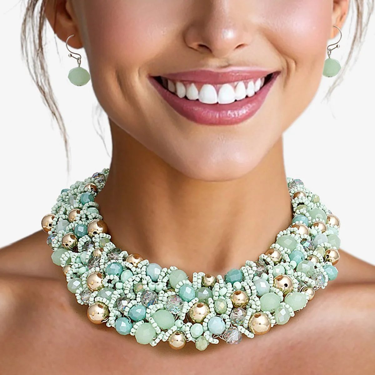 Artistic Mint Green & Gold Acrylic Glass Bead Bib Choker Necklace Set – Silver Finish, Matching Earrings