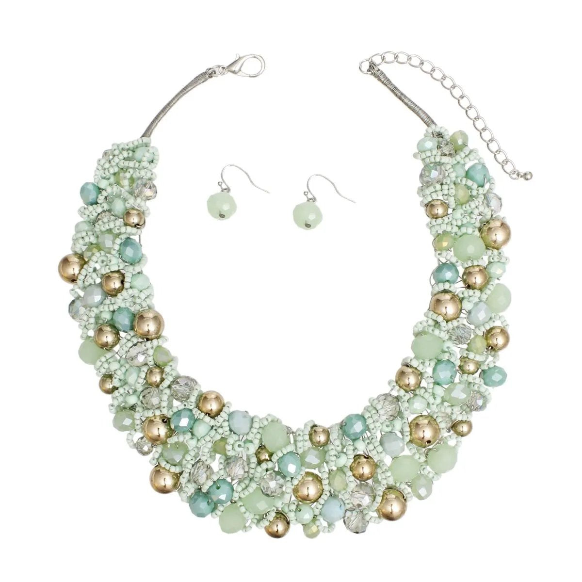 Artistic Mint Green & Gold Acrylic Glass Bead Bib Choker Necklace Set – Silver Finish, Matching Earrings