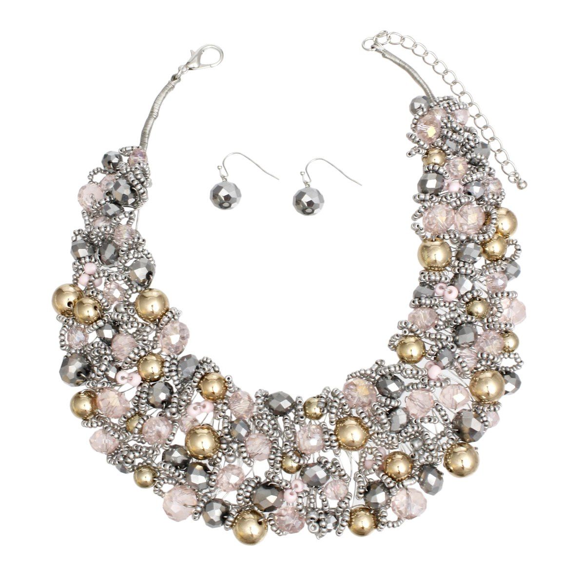 Artistic Light Pink Silver & Gold Acrylic Glass Bead Bib Choker Necklace Set – Silver Finish, Matching Earrings Pinktown