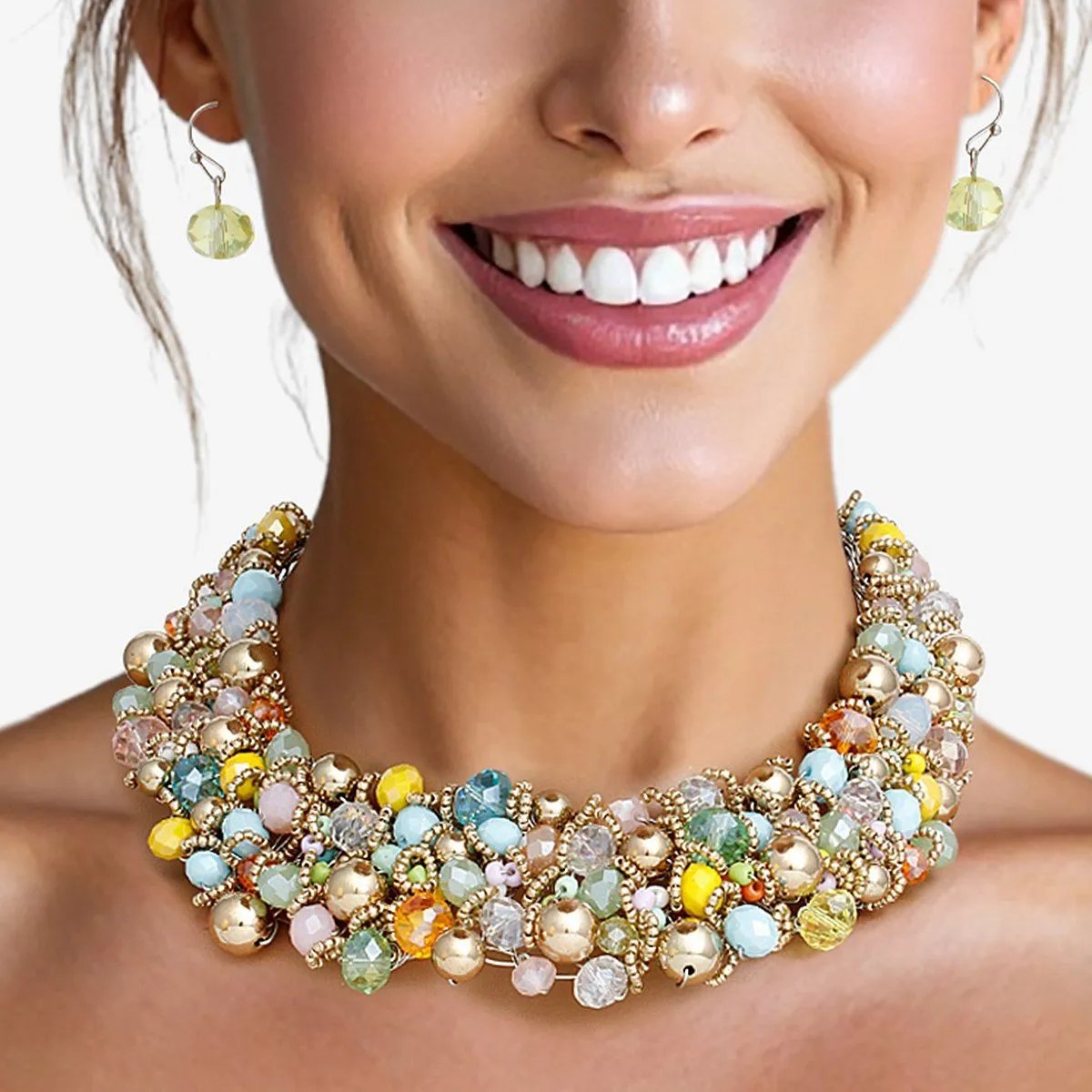 Artistic Multicolor & Gold Acrylic Glass Bead Bib Choker Necklace Set – Silver Finish, Matching Earrings