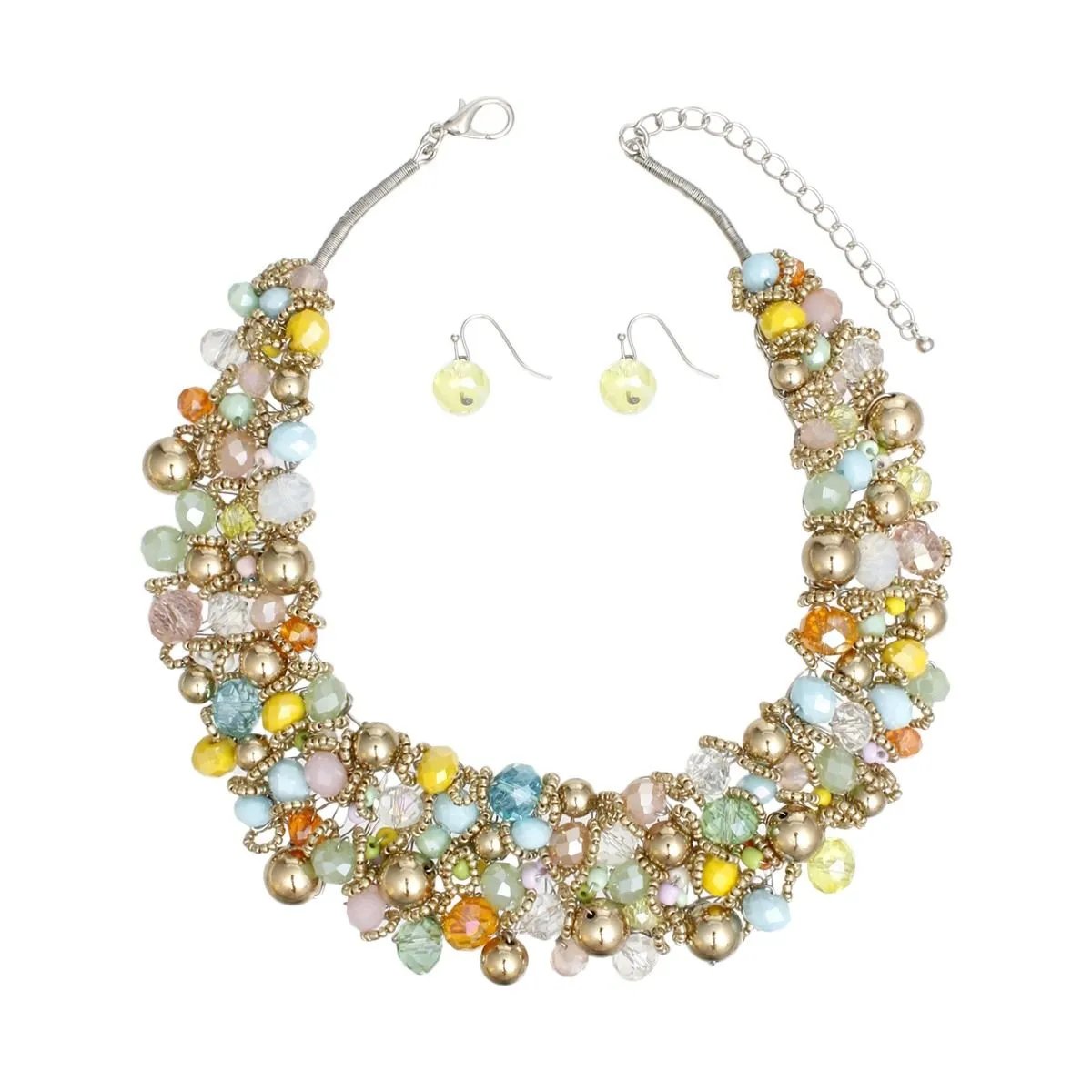 Artistic Multicolor & Gold Acrylic Glass Bead Bib Choker Necklace Set – Silver Finish, Matching Earrings