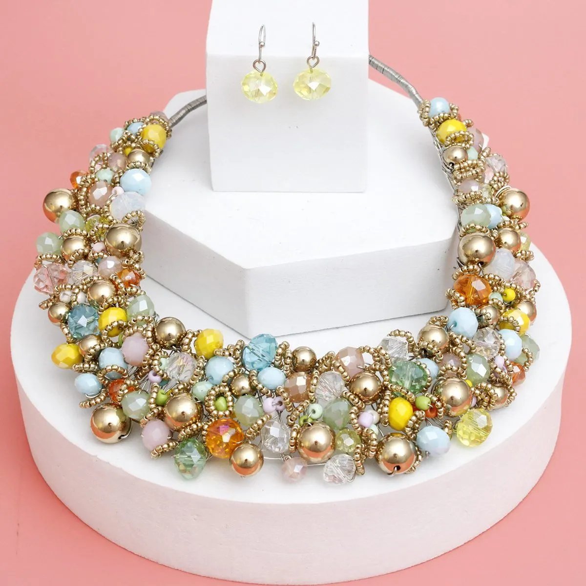 Artistic Multicolor & Gold Acrylic Glass Bead Bib Choker Necklace Set – Silver Finish, Matching Earrings