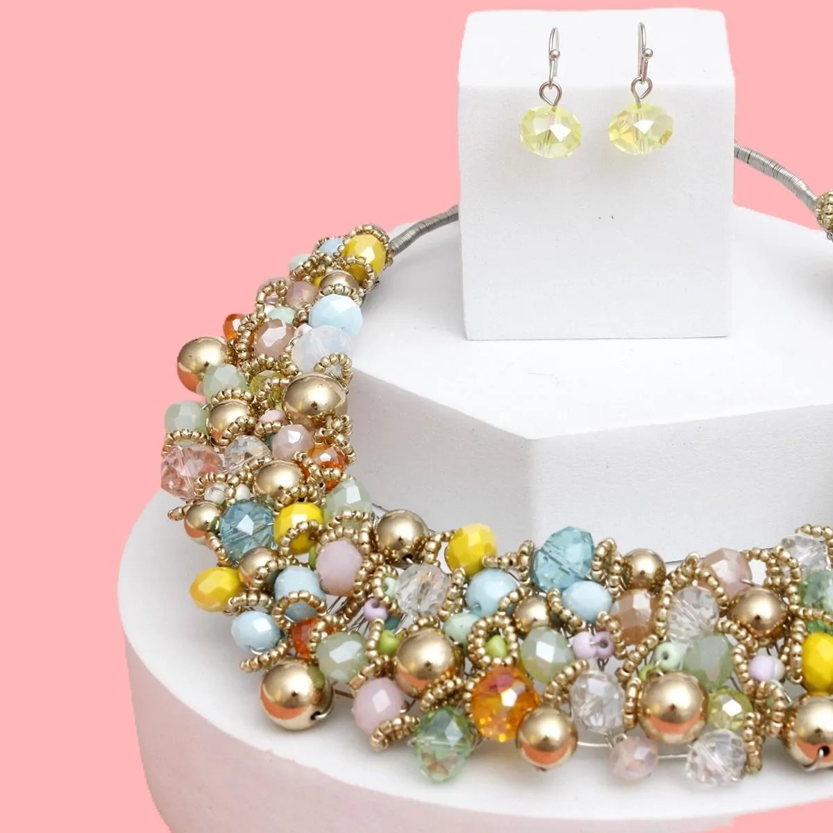Artistic Multicolor & Gold Acrylic Glass Bead Bib Choker Necklace Set – Silver Finish, Matching Earrings