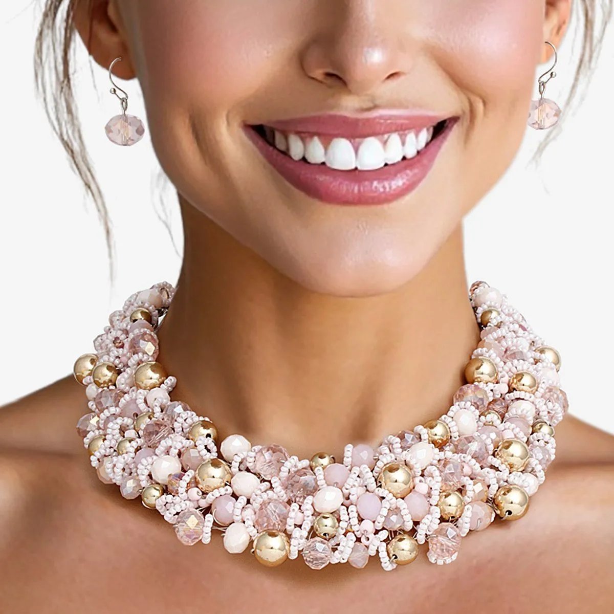 Artistic Pale Pink & Gold Acrylic Glass Bead Bib Choker Necklace Set – Silver Finish, Matching Earrings